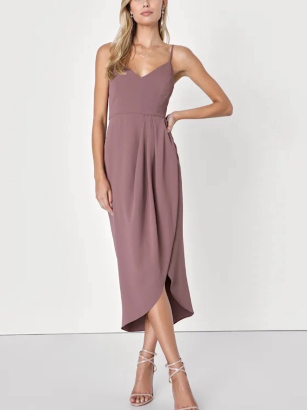 Lulu's Mauve Spaghetti Strap V-Neck Midi Dress